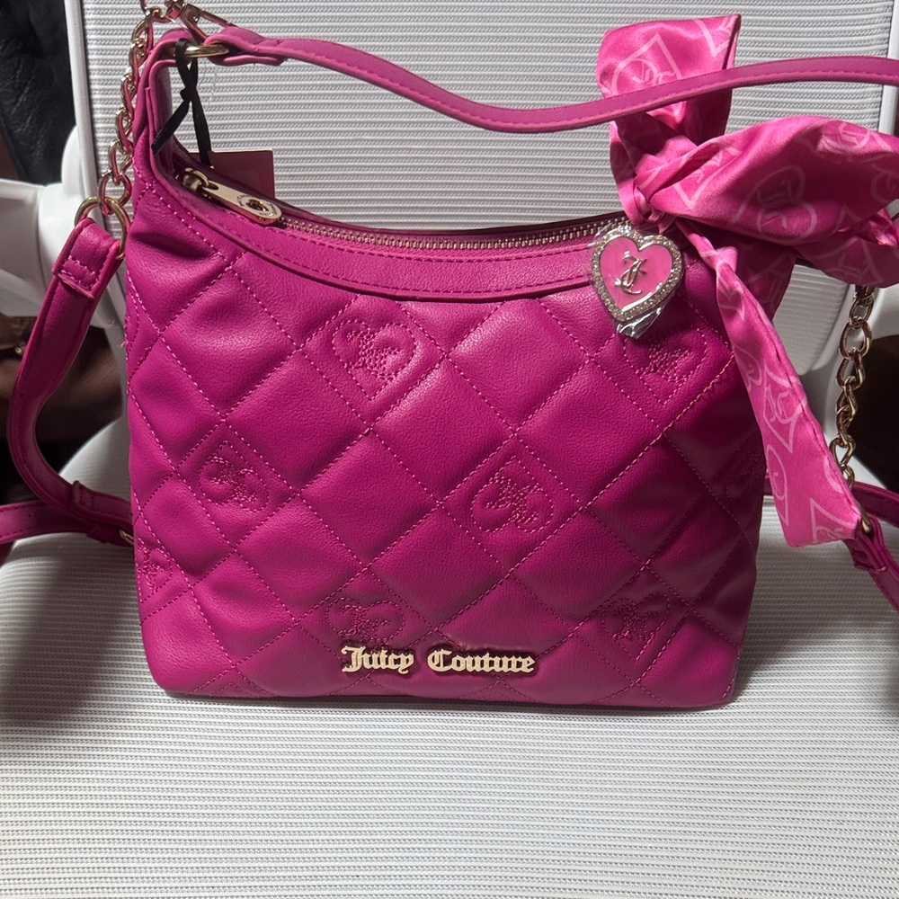 Juicy Couture Hot Pink Quilted Crossbody Bag with Heart Charm